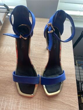 JustFab Royal Blue Ankle-Strap Heels with Gold Accent